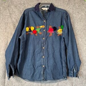 Vintage Denim Cheerleader‎ Bears Shirt Womens Medium Embroidered Button Down Top
